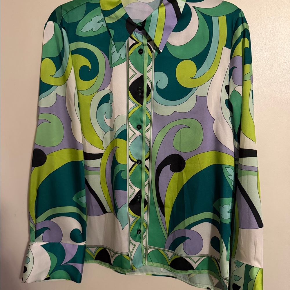 Zara Multicolor Swirl Button-Down Blouse in Teal, Lime & Lavender